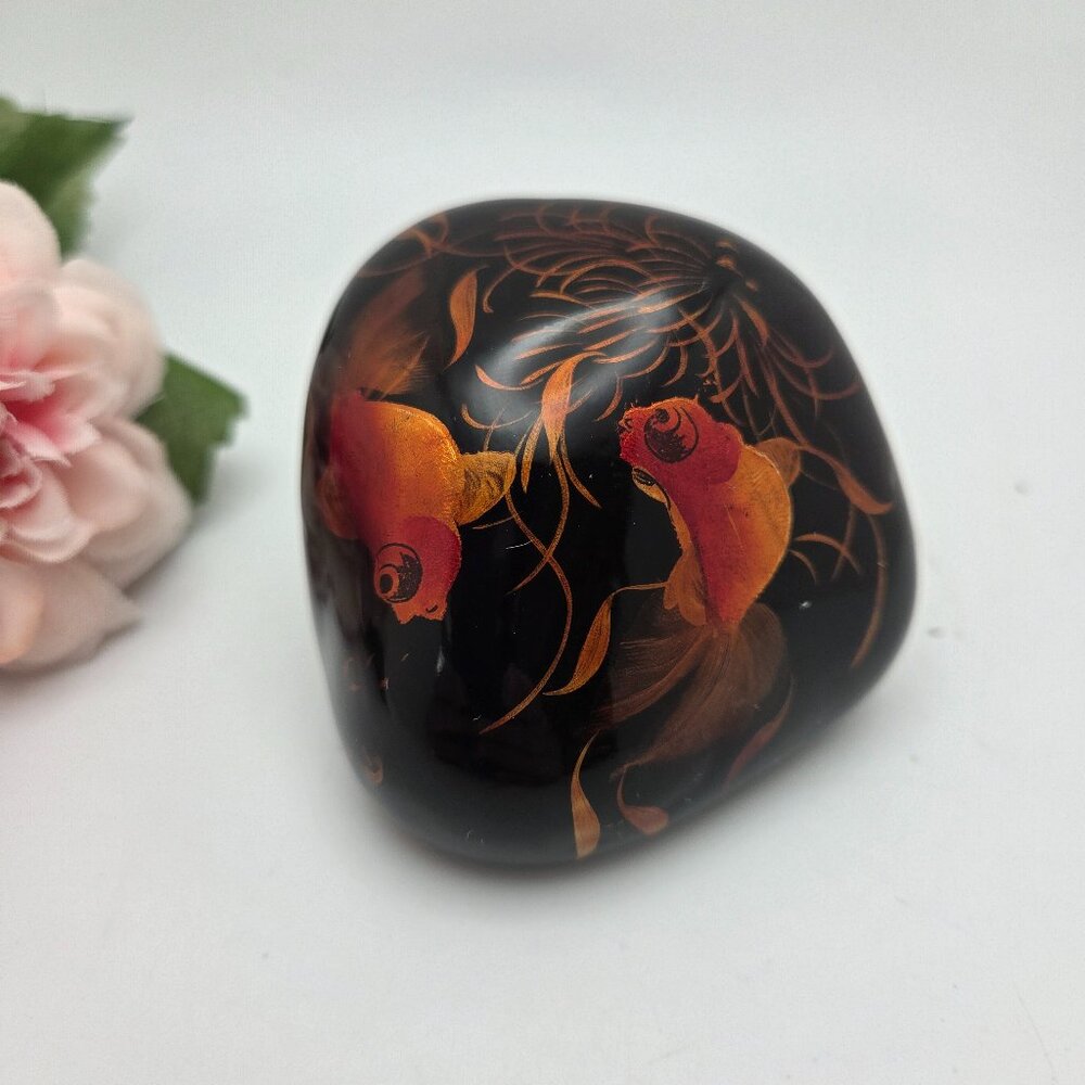 Vintage Hand Painted Paperweight Orange Koi on Black Laquered Stone Vietnam